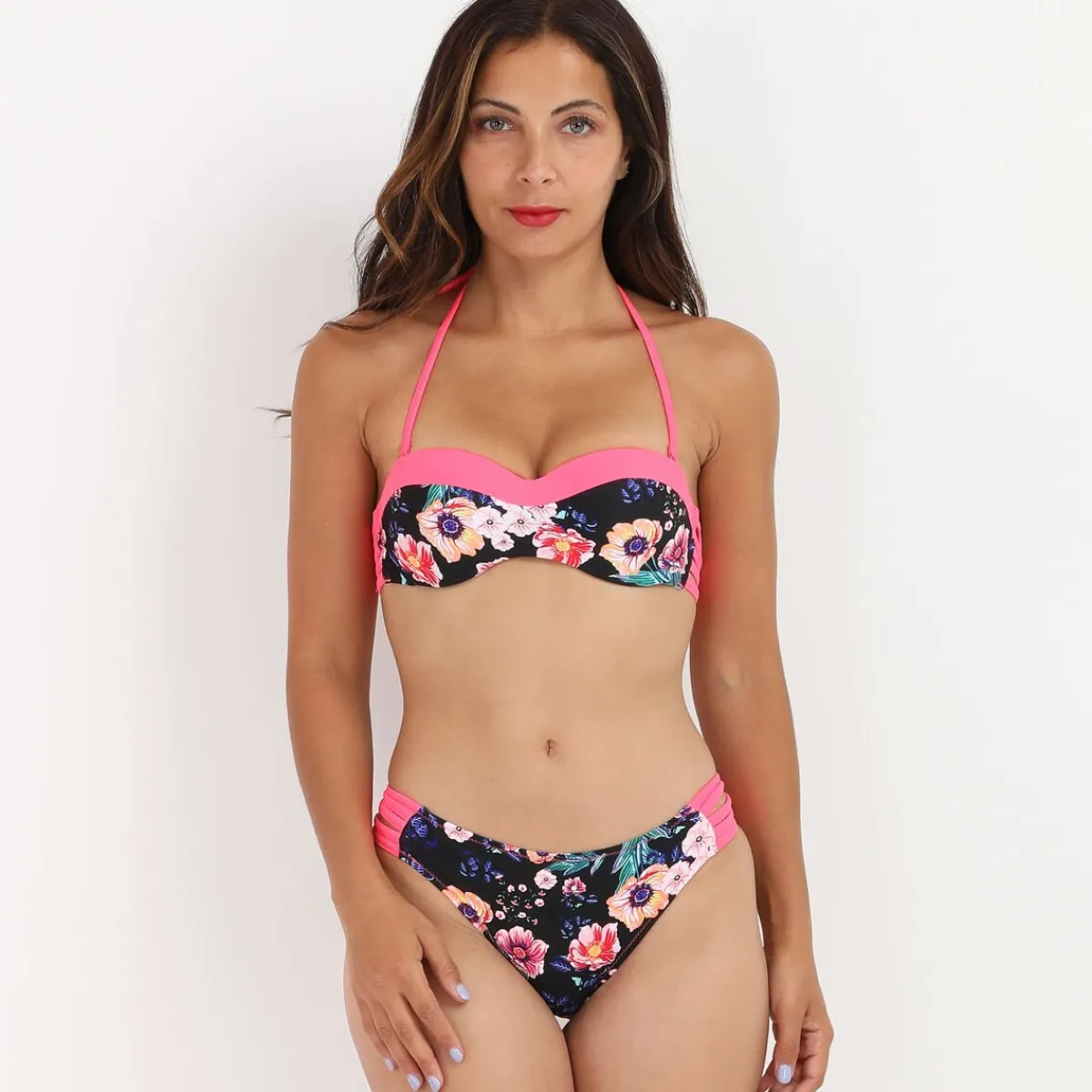 Online La Modeuse Bikini à fleurs avec lanières Corail