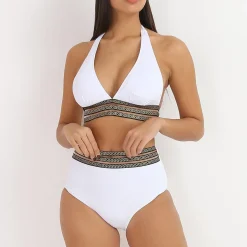 Outlet La Modeuse Bikini taille haute à motif Grecque Blanc