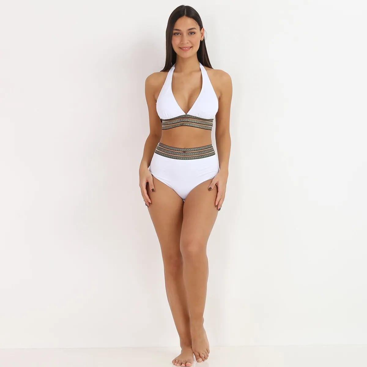 Outlet La Modeuse Bikini taille haute à motif Grecque Blanc