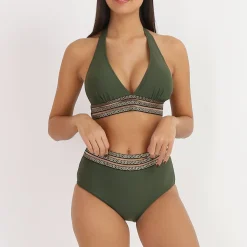 Online La Modeuse Bikini taille haute  à motif Grecque Kaki