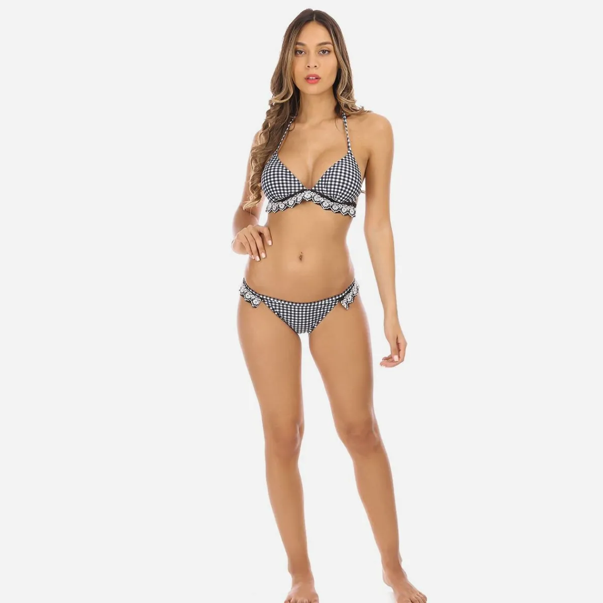 Online La Modeuse Bikini vichy à broderie fleurie Noir