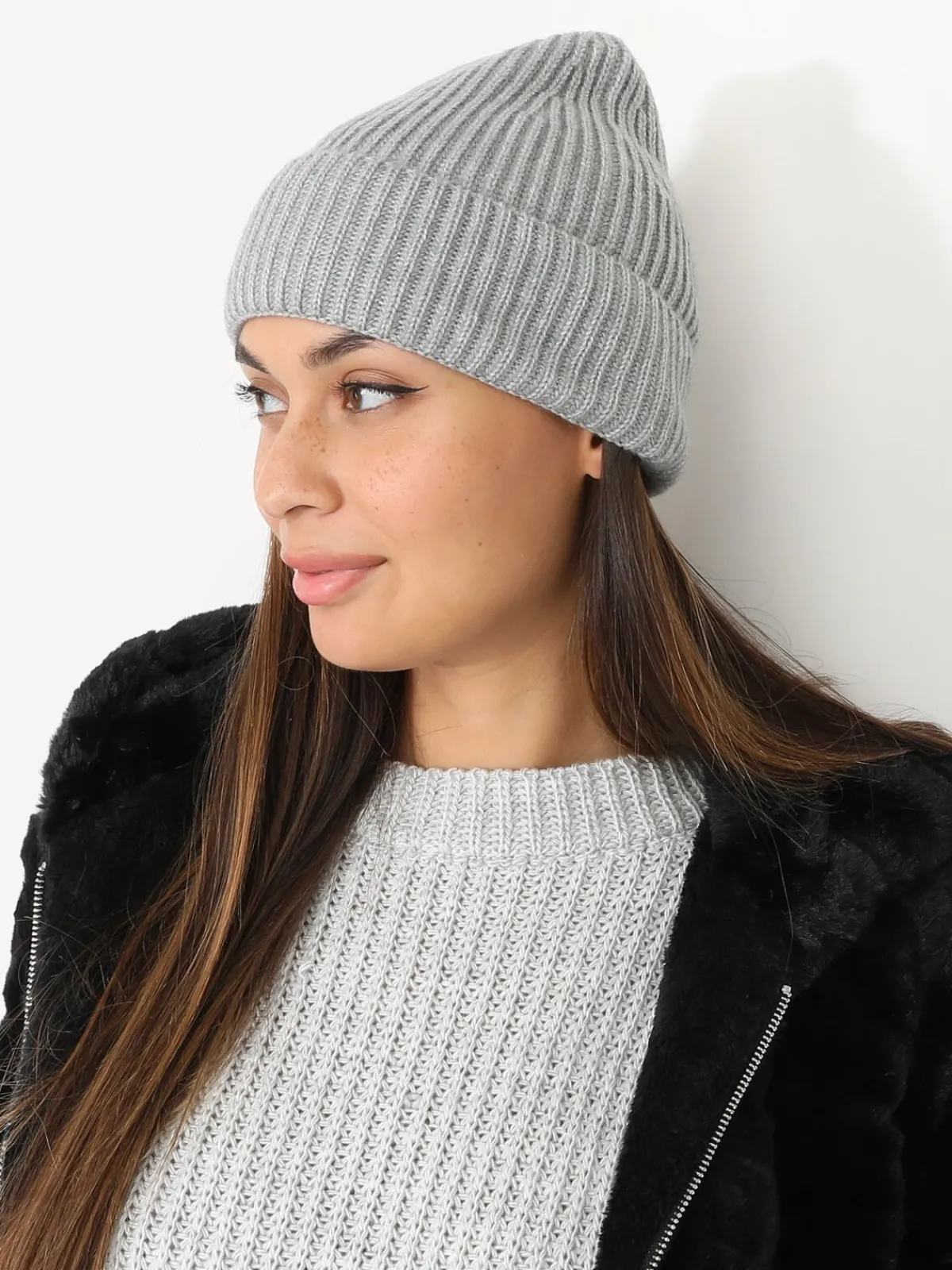Discount La Modeuse Bonnet maille côtelée à revers Gris