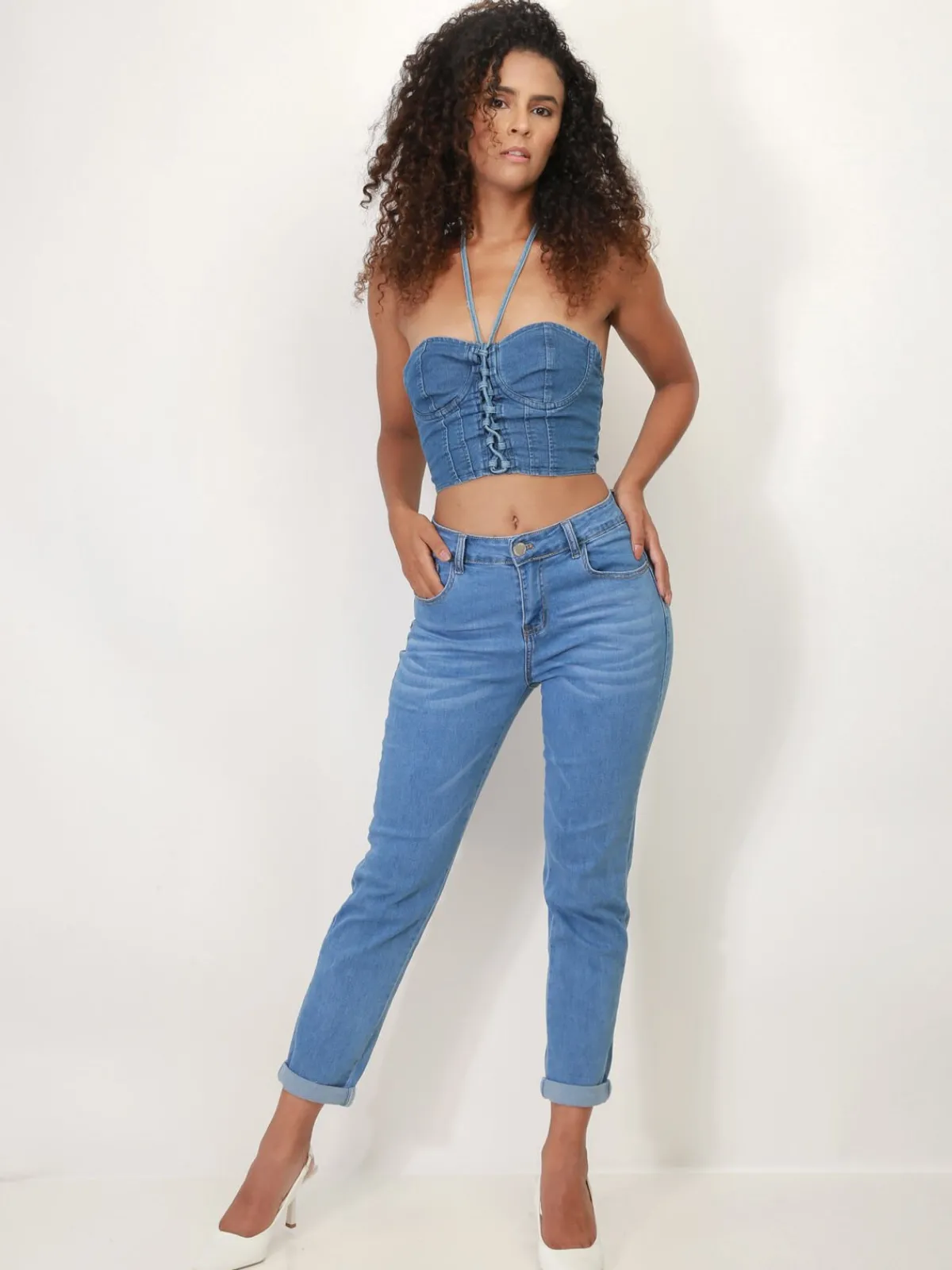 Sale La Modeuse Bustier corset en jeans à lanières Bleu