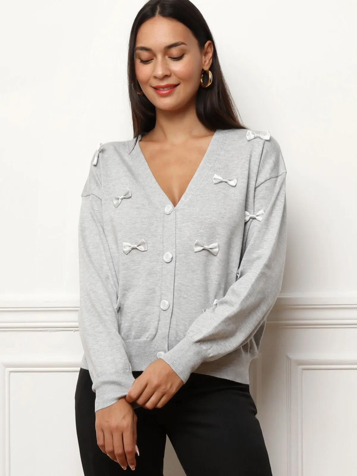 Sale La Modeuse Cardigan avec petits n艙uds satinés Grisclair