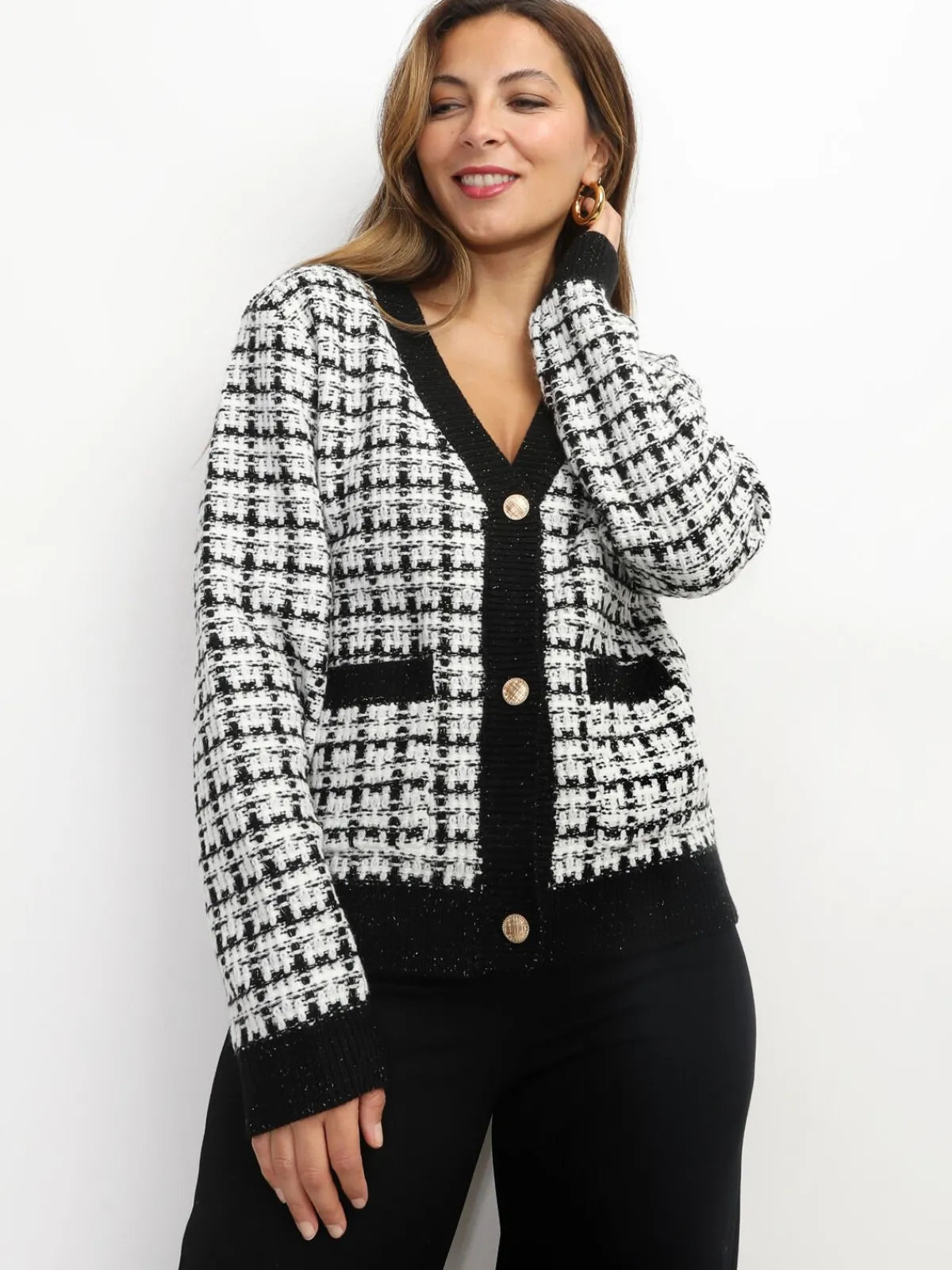 Outlet La Modeuse Cardigan en tweed à boutons dorés