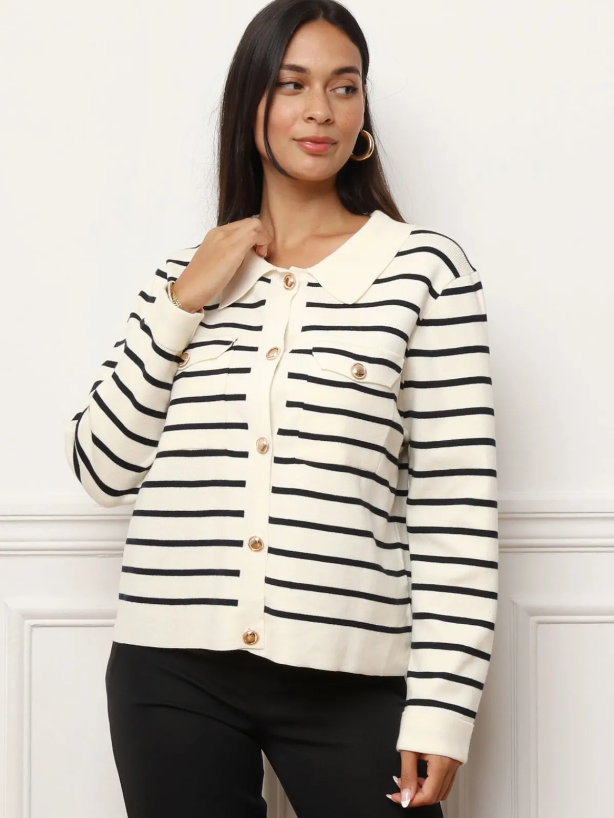 Outlet La Modeuse Cardigan marinière à col polo Blanc