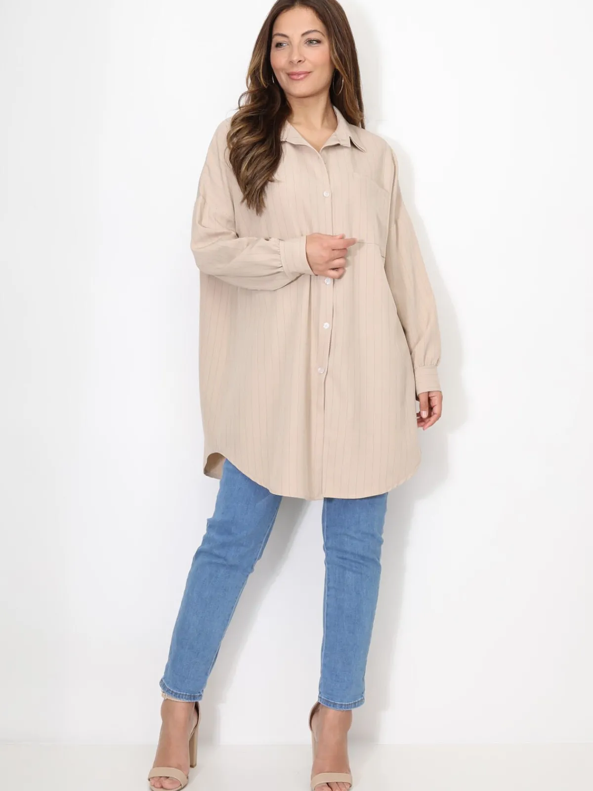 Clearance La Modeuse Chemise ample et longue à rayures Beige