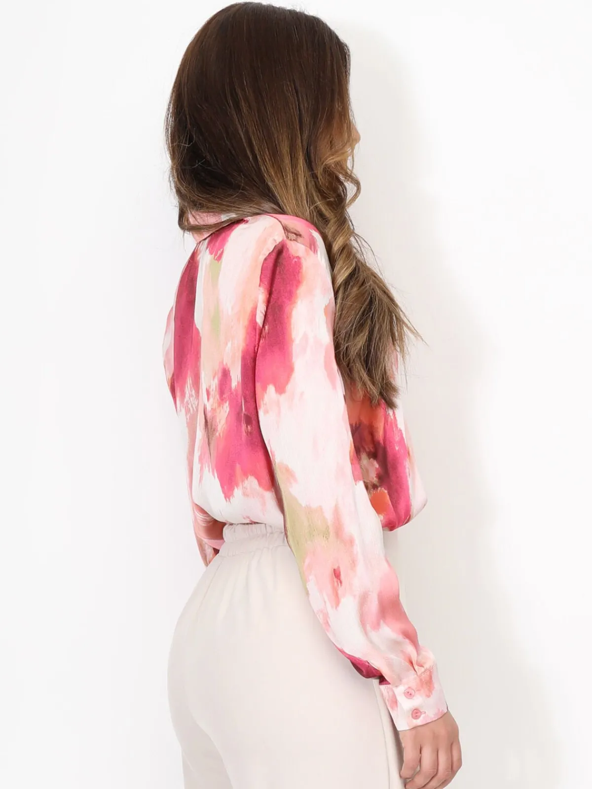 Outlet La Modeuse Chemise satinée à motif aquarelle abstrait RoseBonbon
