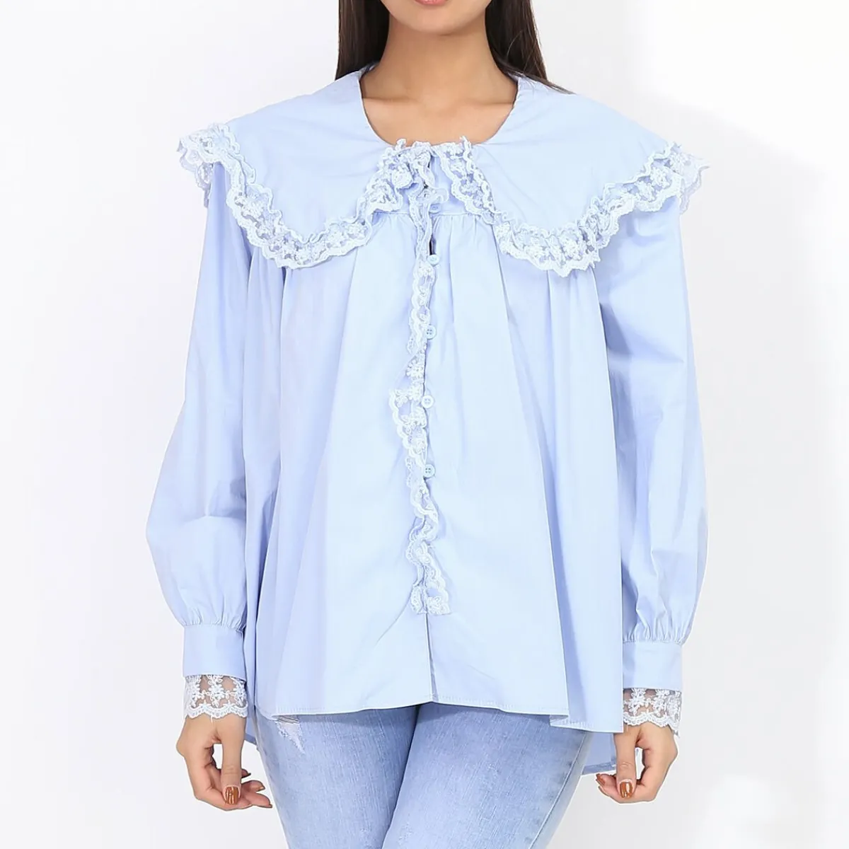 La Modeuse Chemisier à col claudine brodé BleuClair