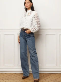 Sale La Modeuse Chemisier à col montant et dentelle guipure Blanc
