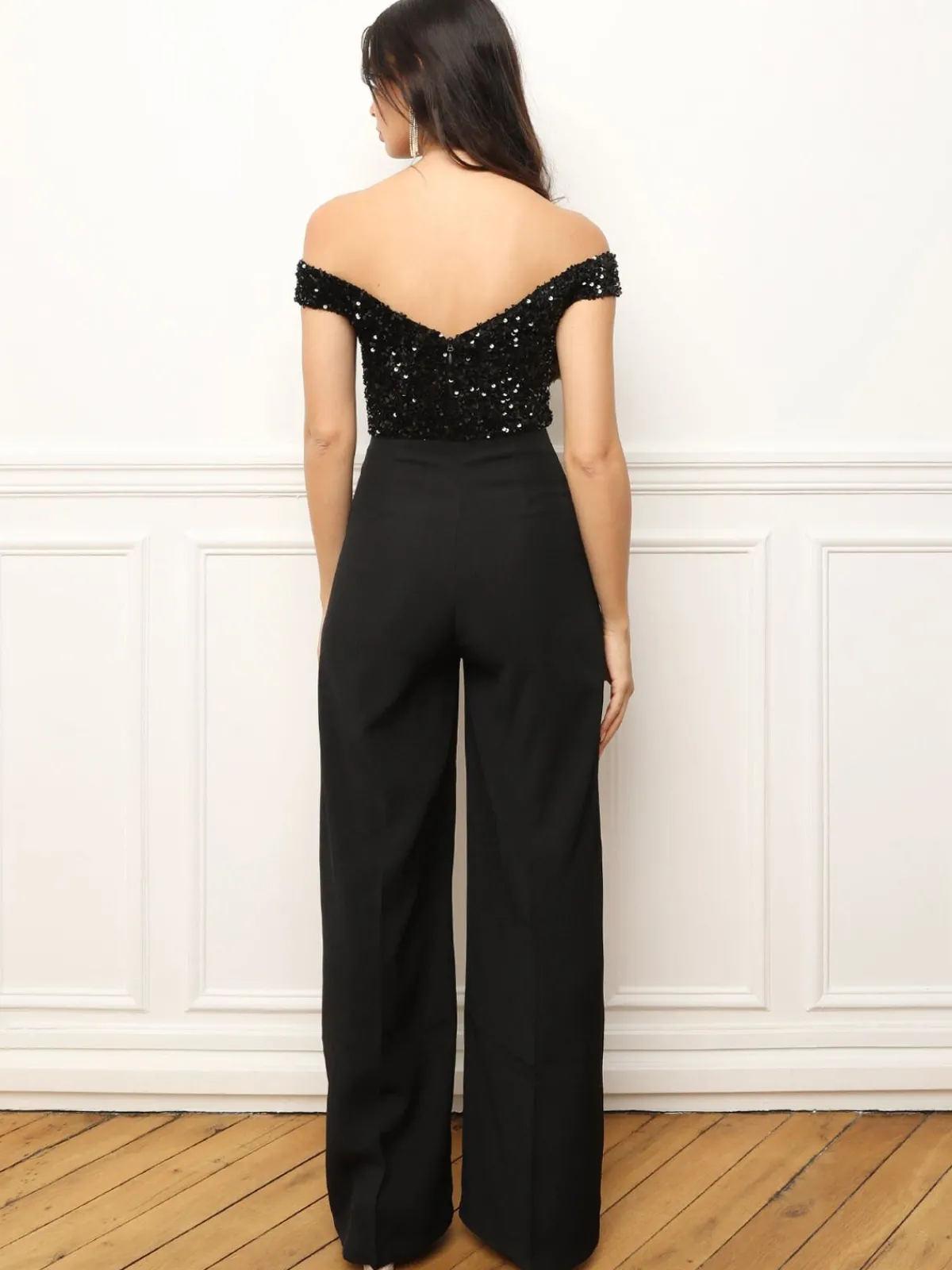 Sale La Modeuse Combinaison à col bardot et sequins Noir