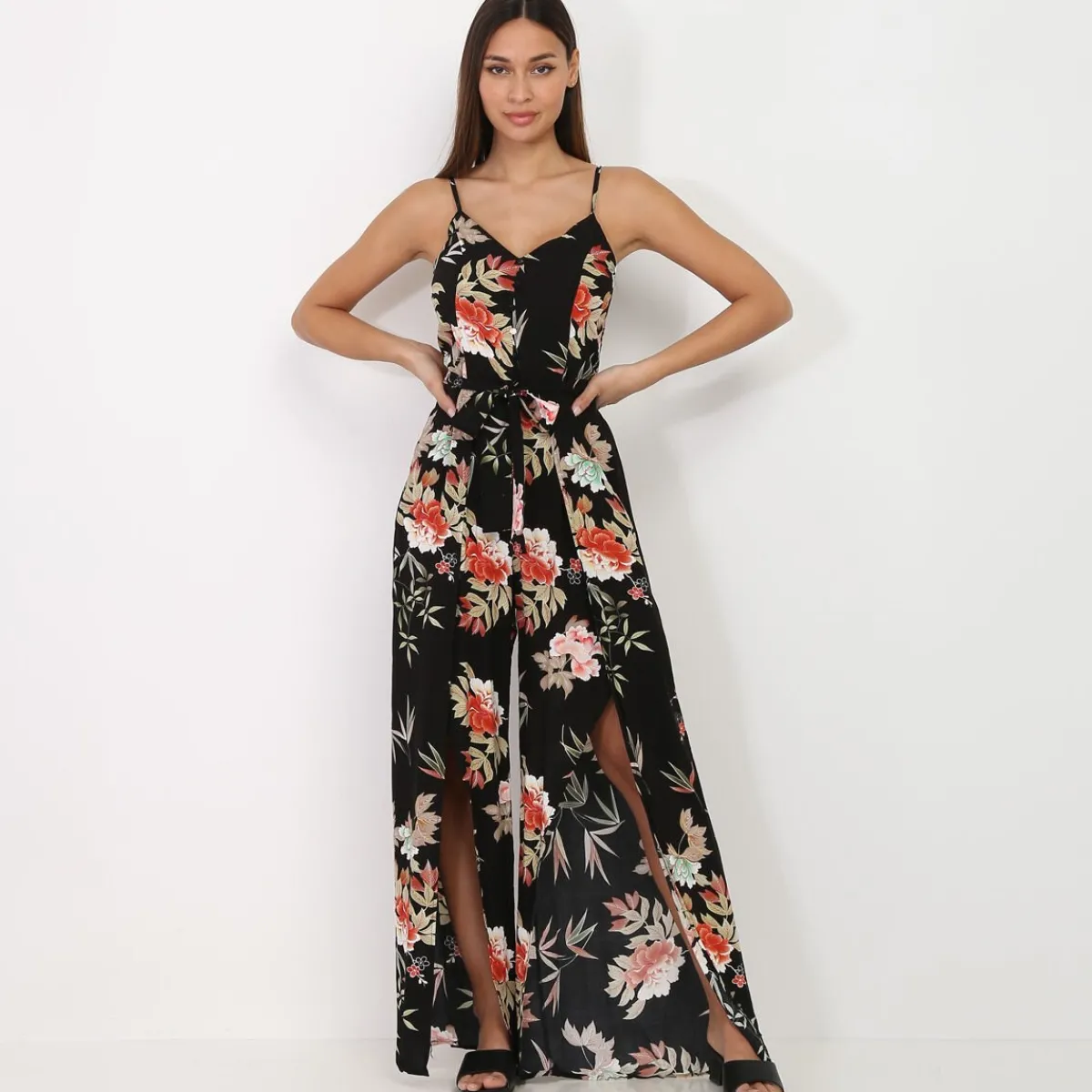 Best La Modeuse Combinaison fluide fendue à motif floral Noir