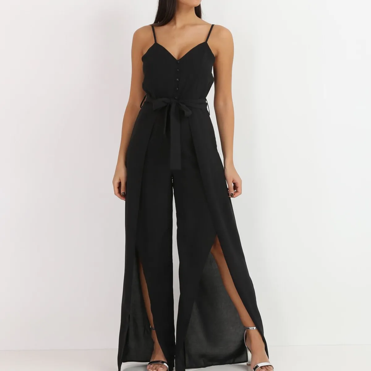 Online La Modeuse Combinaison fluide fendue avec ceinture Noir