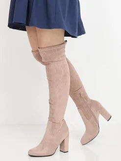 Hot La Modeuse Cuissardes en suédine à talon carré Beige