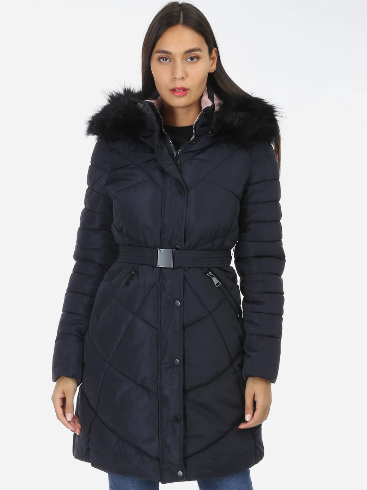 Best La Modeuse Doudoune ceinturée à capuche fausse fourrure BleuMarine
