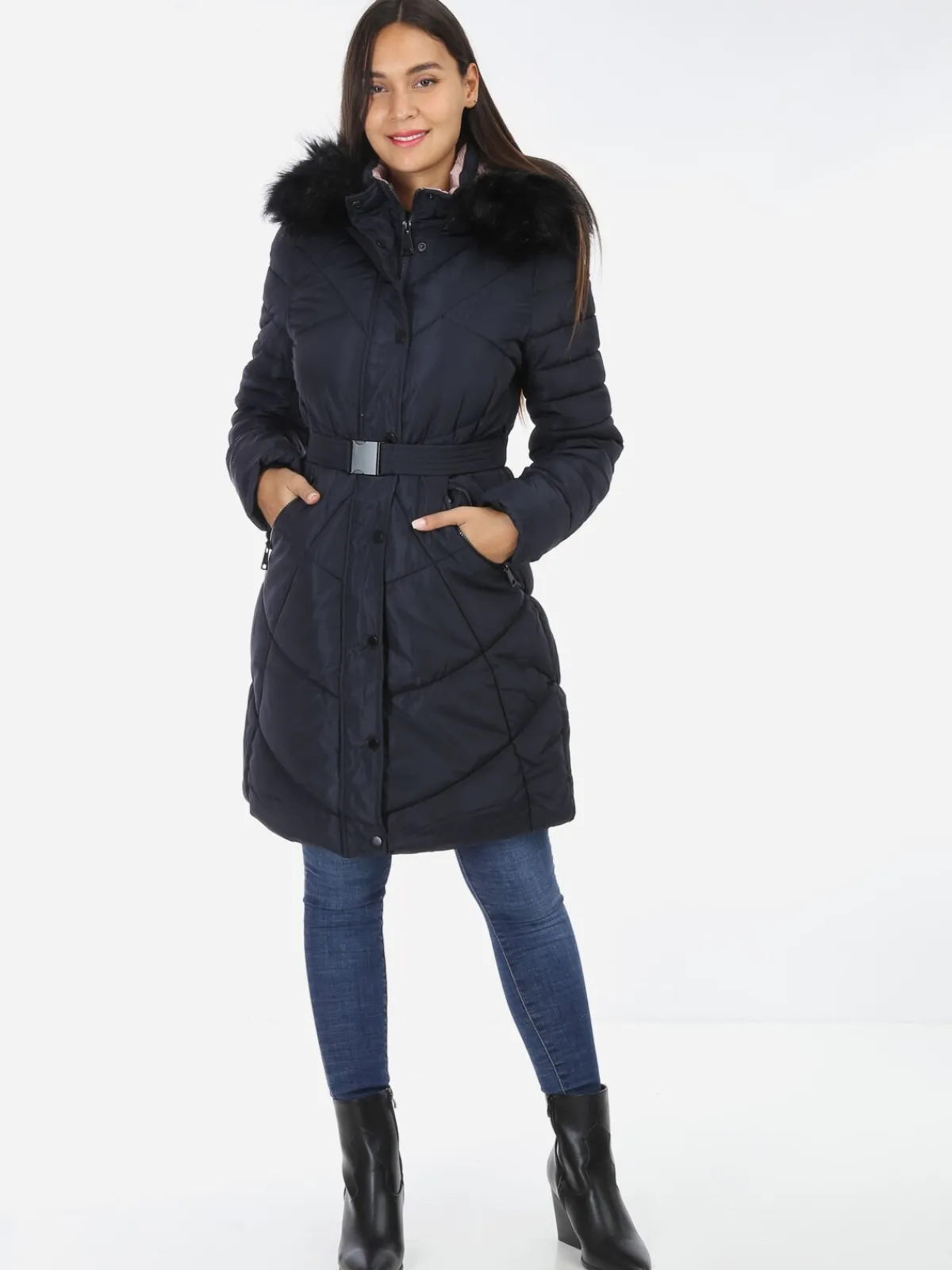 Best La Modeuse Doudoune ceinturée à capuche fausse fourrure BleuMarine