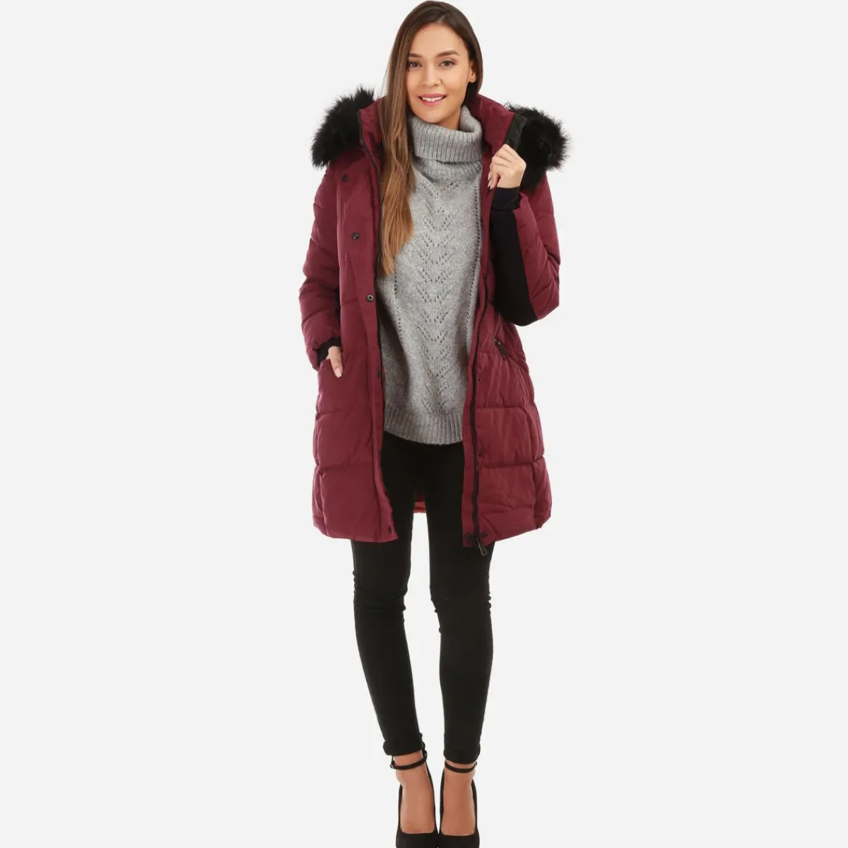 Outlet La Modeuse Doudoune longue avec fausse fourrure Bordeaux