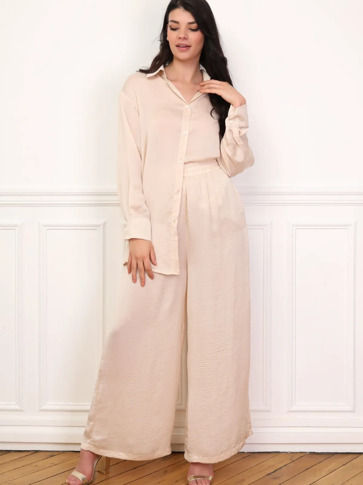 La Modeuse Ensemble chemise pantalon satinés Beige