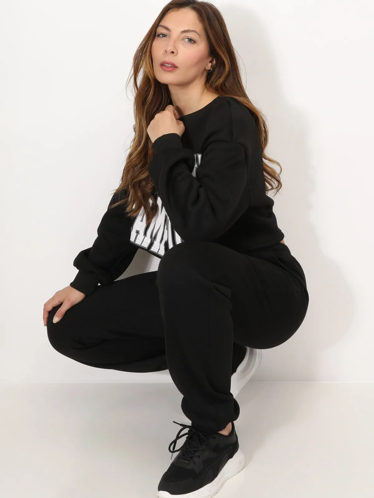 Hot La Modeuse Ensemble sweat imprimé et jogging Noir