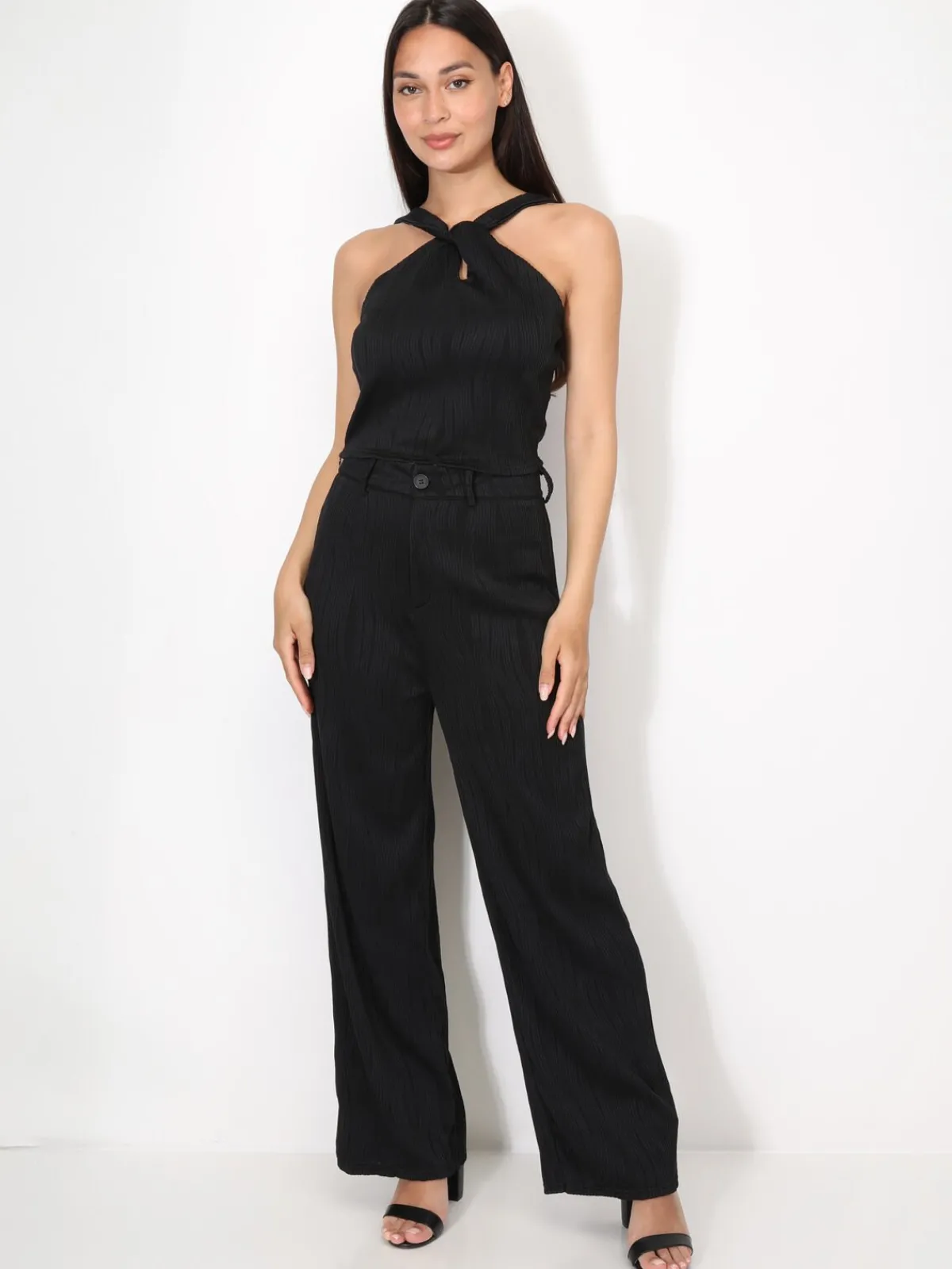 Outlet La Modeuse Ensemble top et pantalon en relief Noir