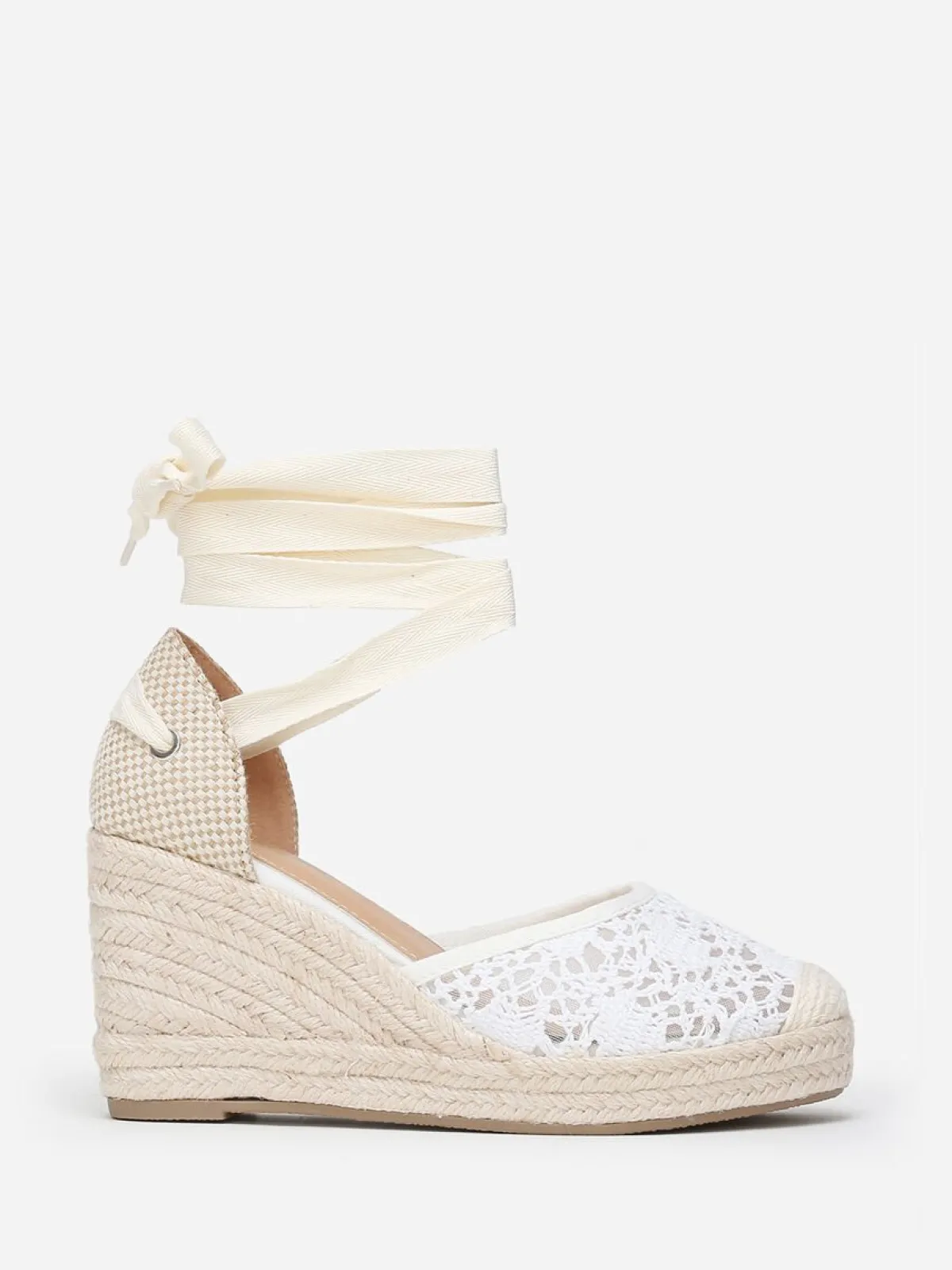La Modeuse Espadrilles compensées dentelées à nouer Blanc