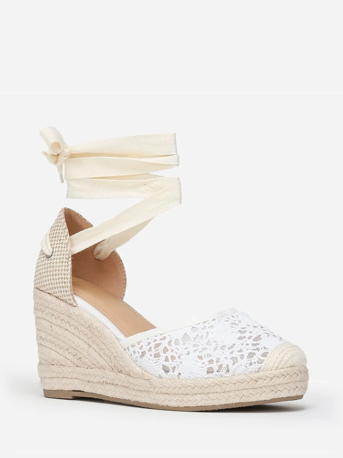 La Modeuse Espadrilles compensées dentelées à nouer Blanc
