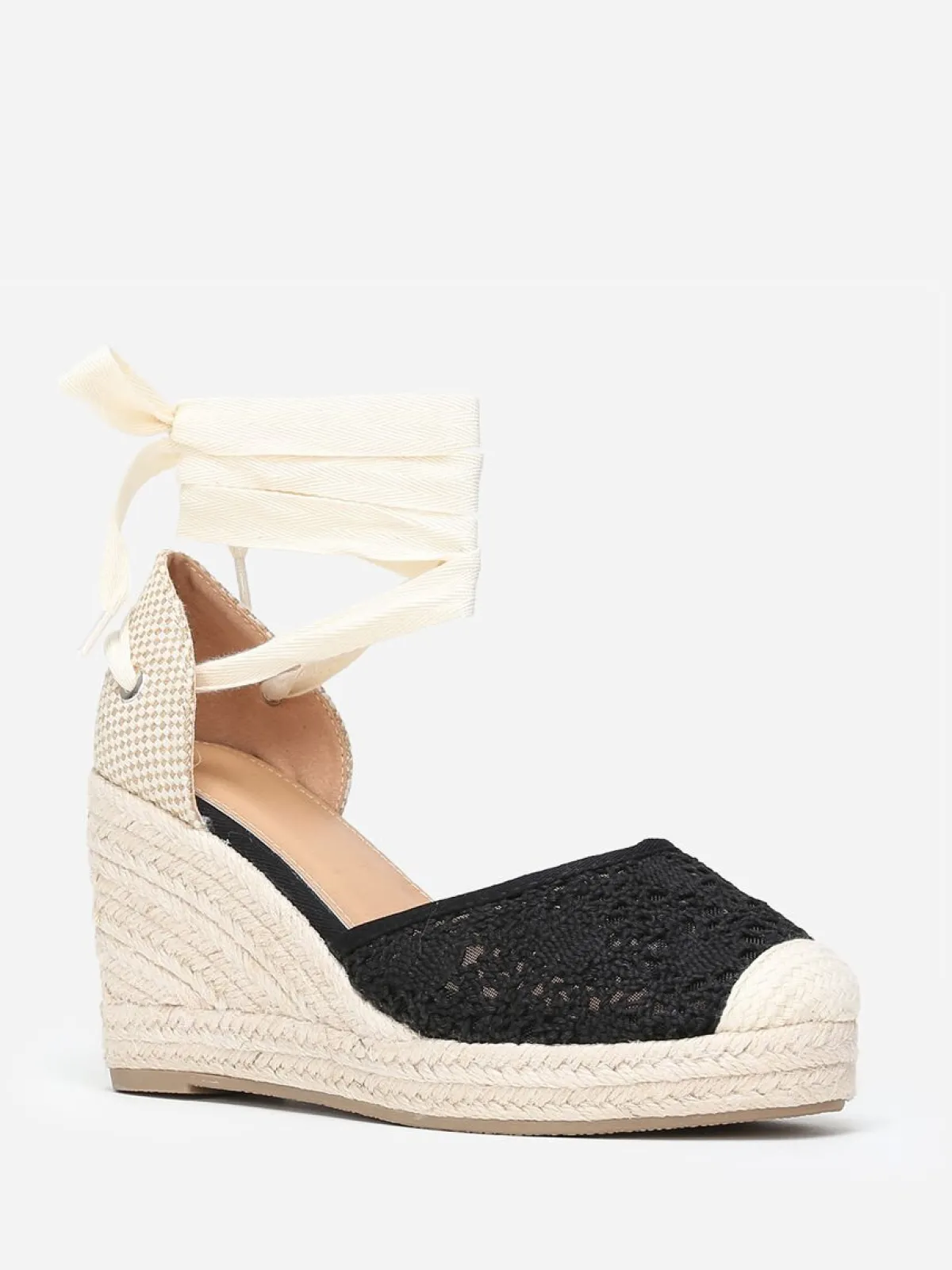 Discount La Modeuse Espadrilles compensées dentelées à nouer Noir