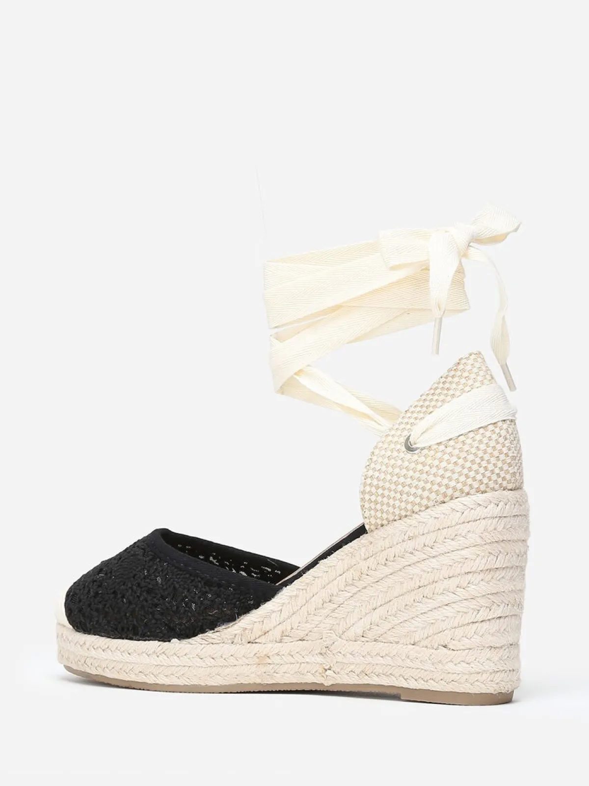 Discount La Modeuse Espadrilles compensées dentelées à nouer Noir