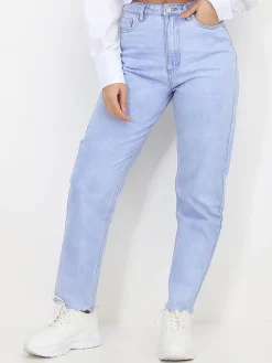 Sale La Modeuse Jeans droit à bords effilochés BleuClair