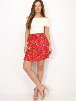 Sale La Modeuse Jupe à fleurs et volant Rouge