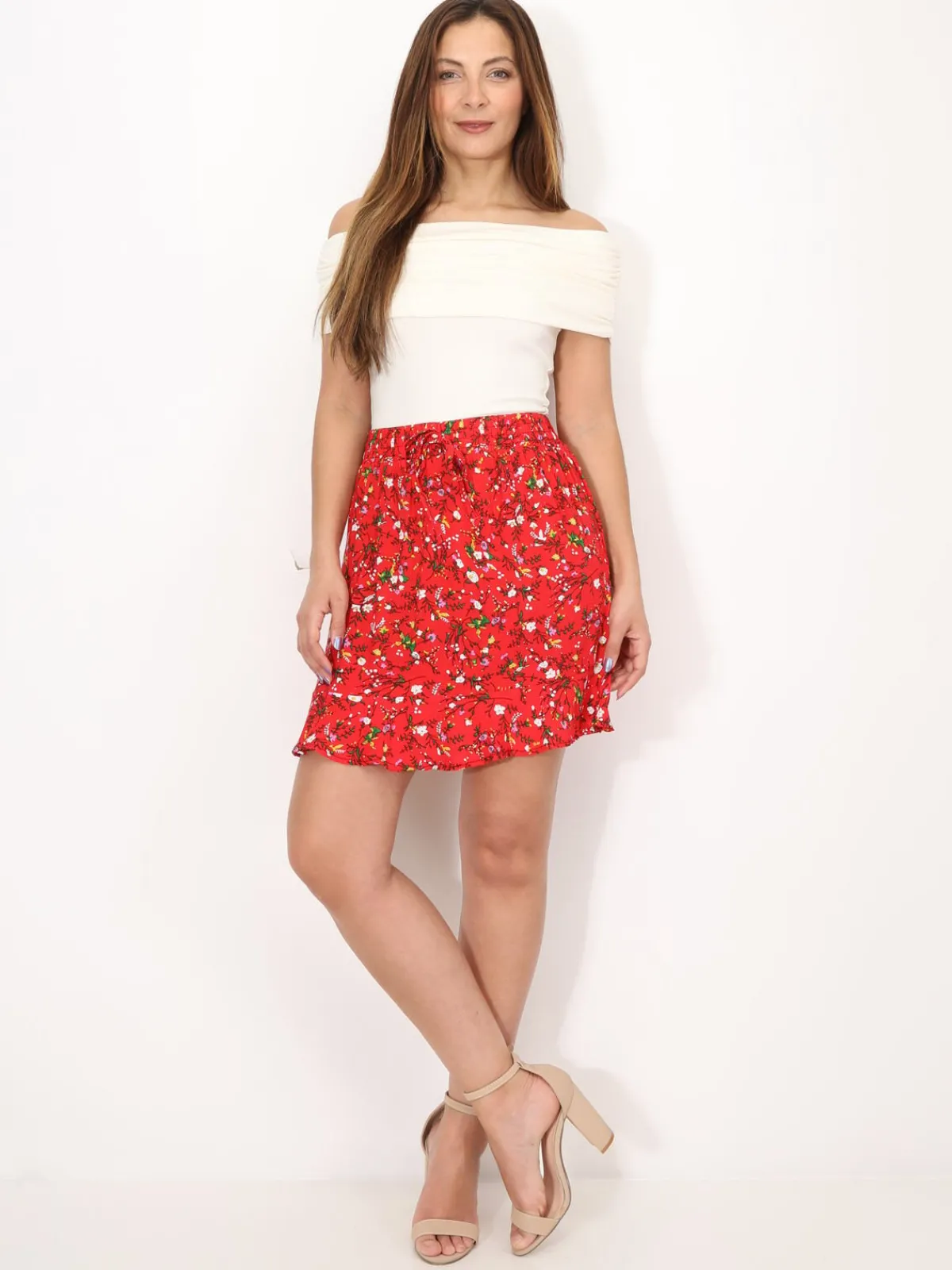 Sale La Modeuse Jupe à fleurs et volant Rouge