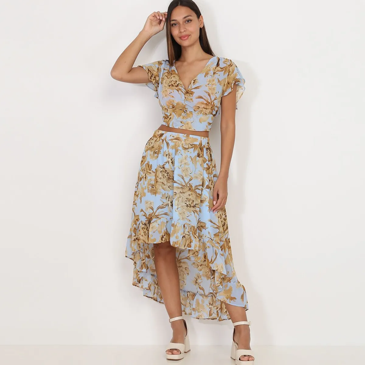Best La Modeuse Jupe asymétrique à motif printanier BleuClair