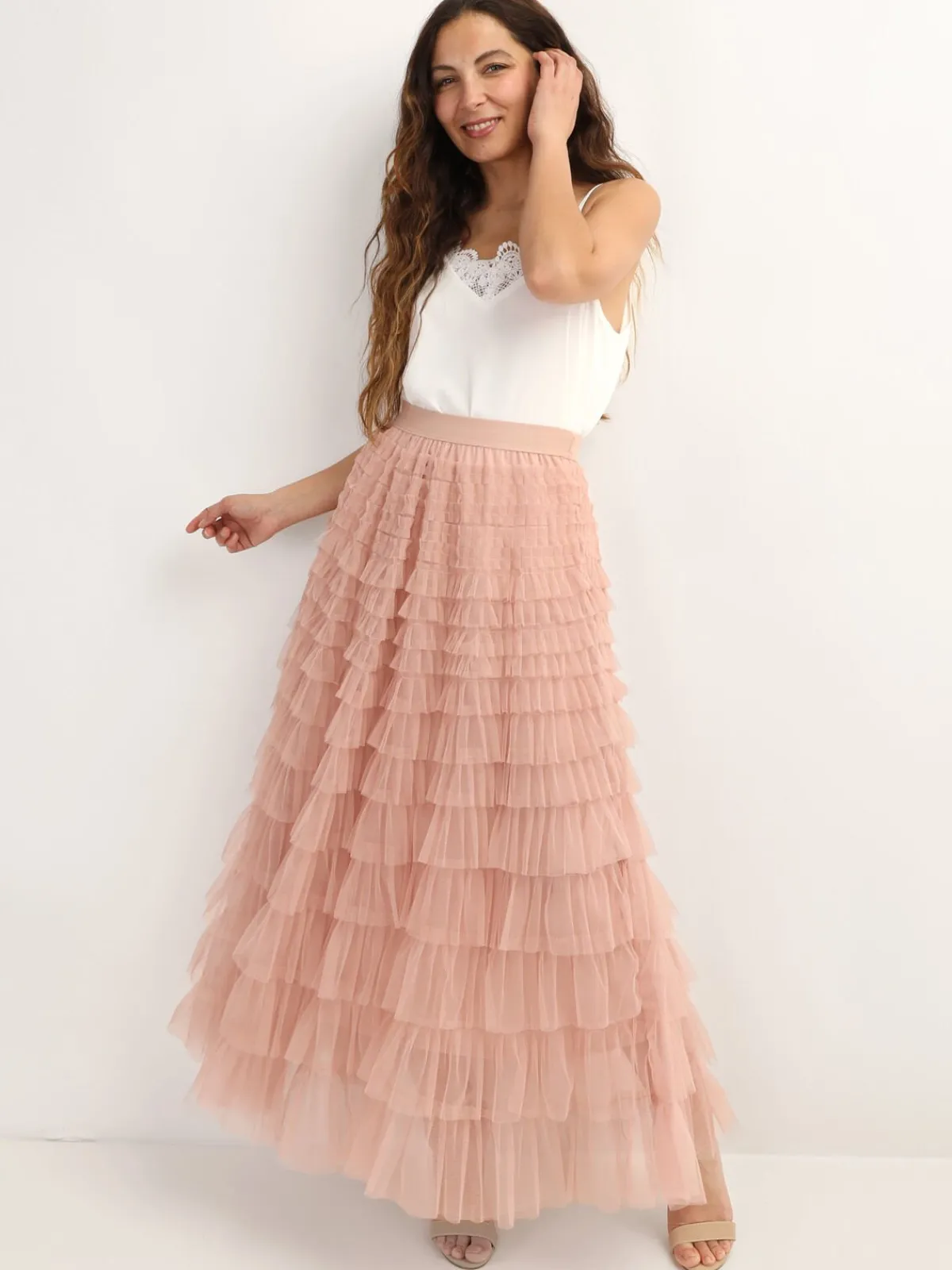 Discount La Modeuse Jupe longue en tulle à volants VieuxRose