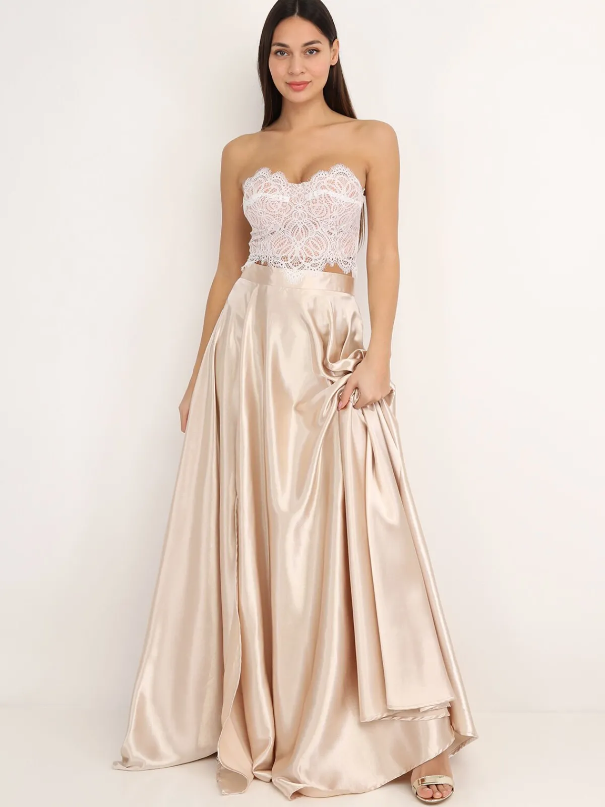 La Modeuse Jupe longue taille haute effet satiné Beige