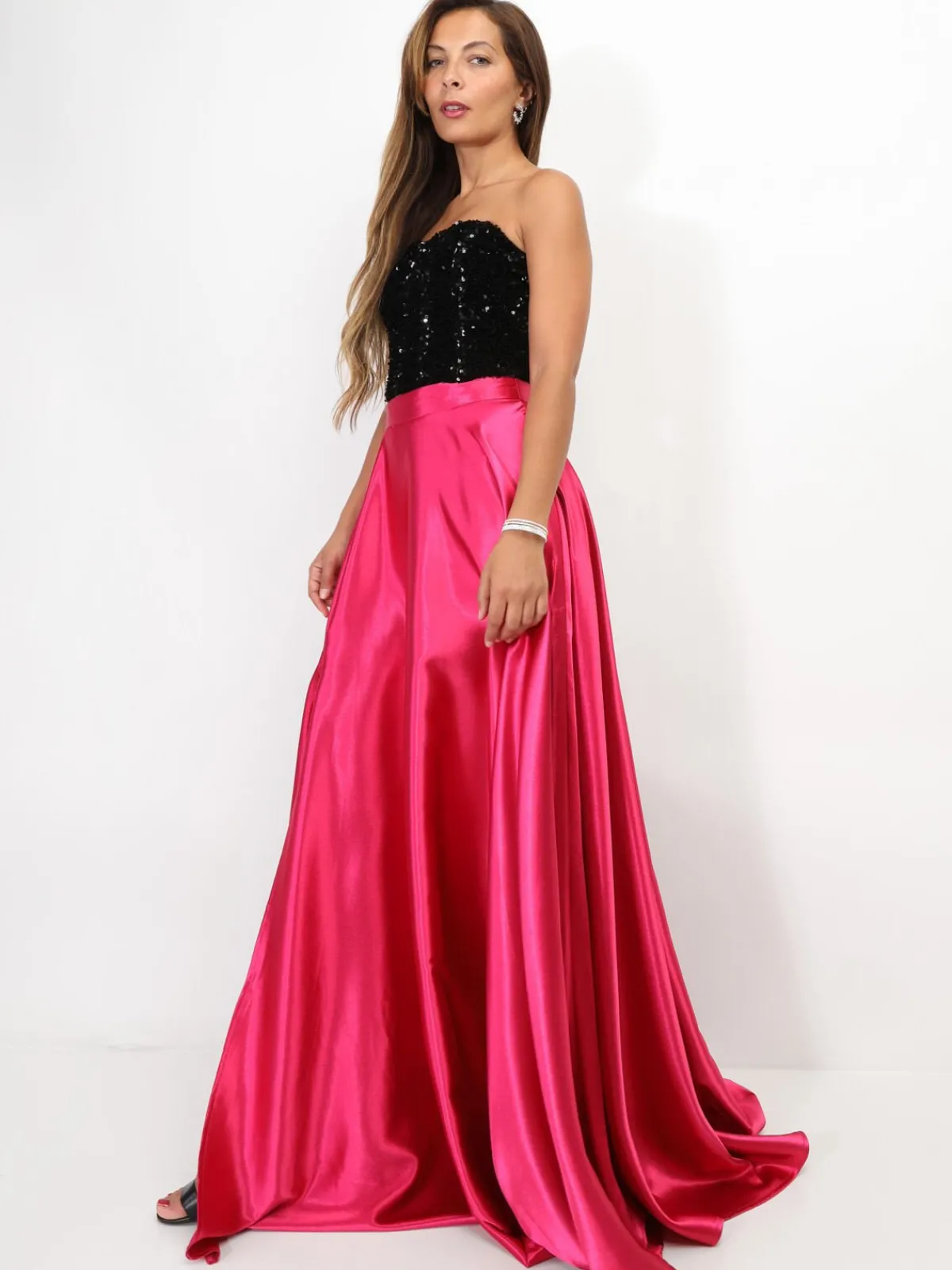 New La Modeuse Jupe longue taille haute effet satiné Fuchsia