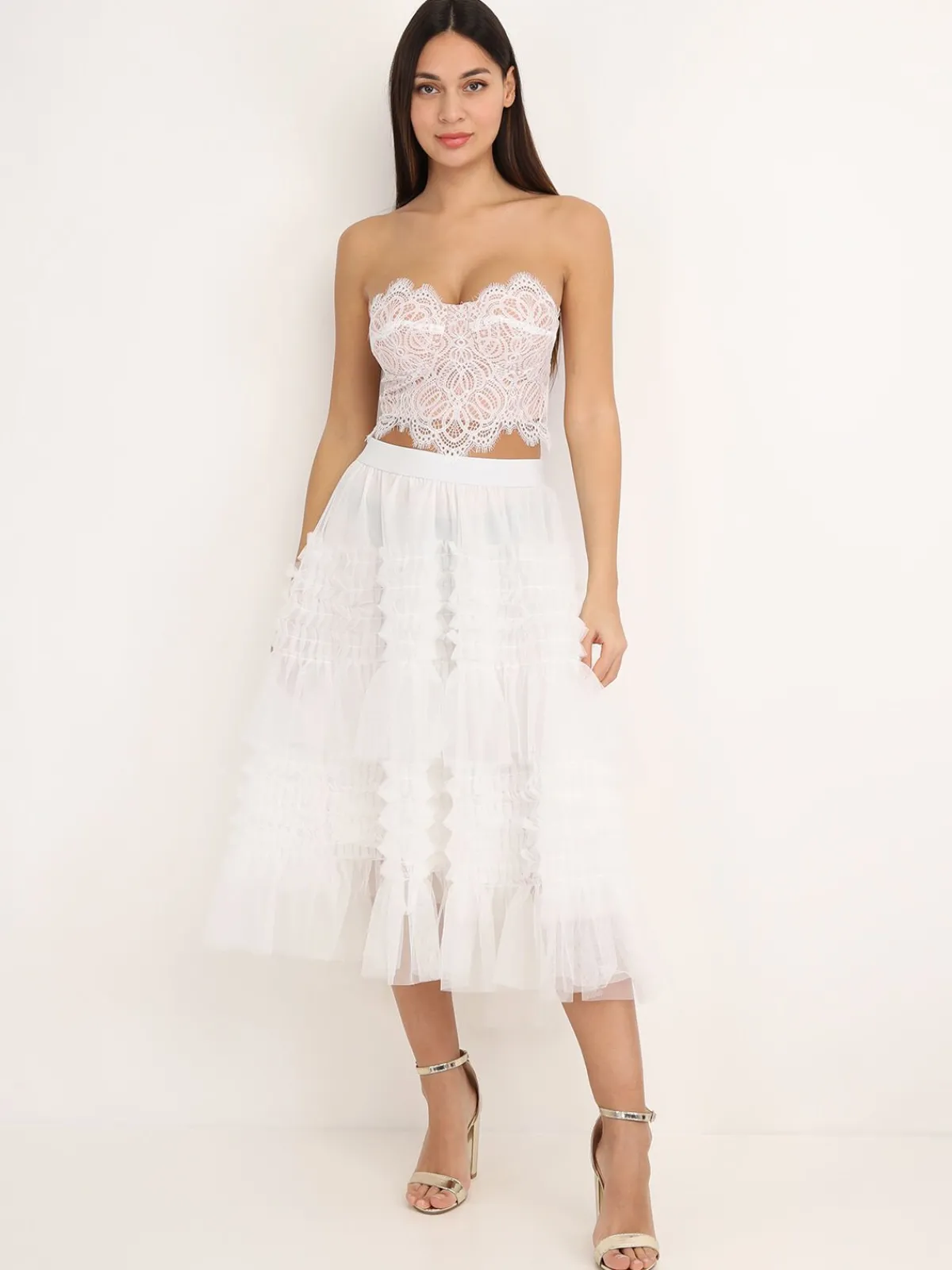 La Modeuse Jupe mi-longue en tulle à volants Blanc
