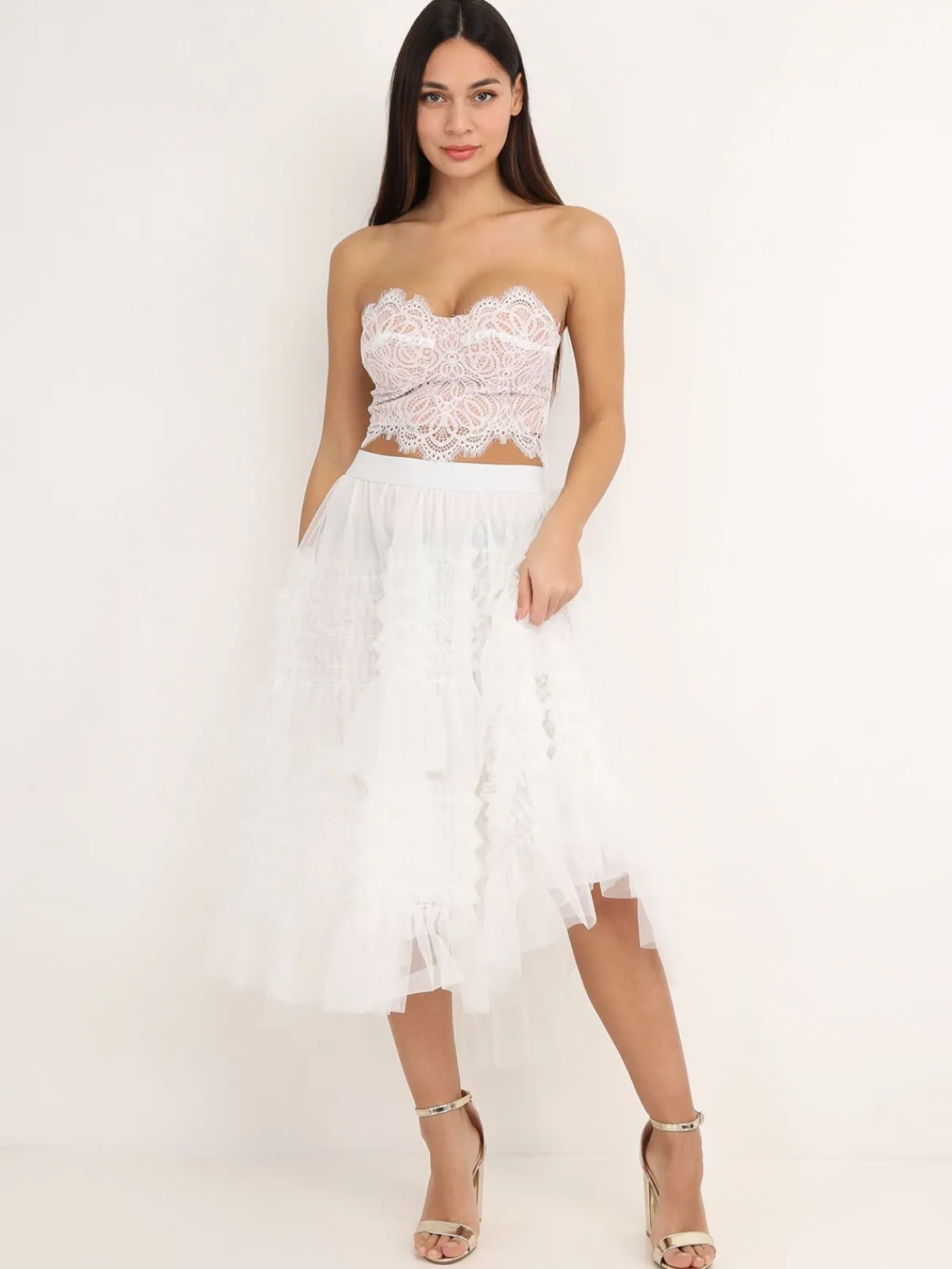La Modeuse Jupe mi-longue en tulle à volants Blanc