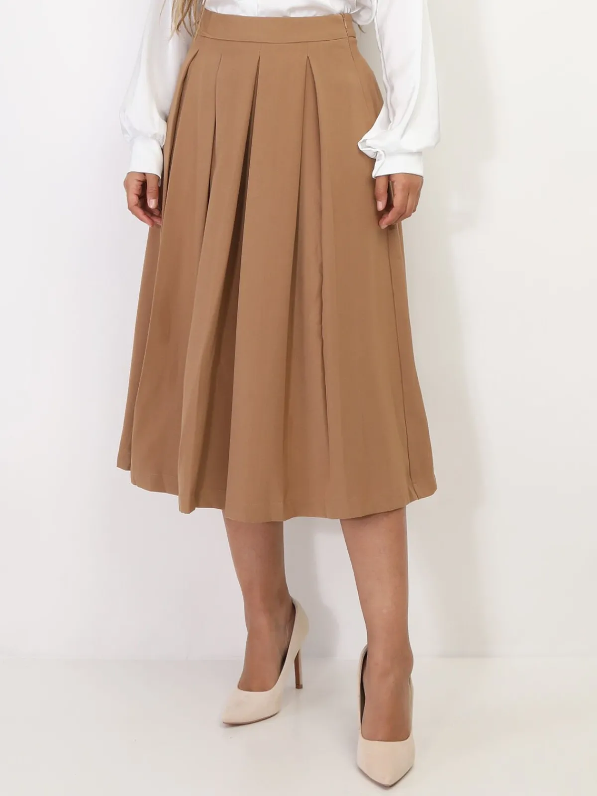 Online La Modeuse Jupe mi-longue évasée et plissée Camel