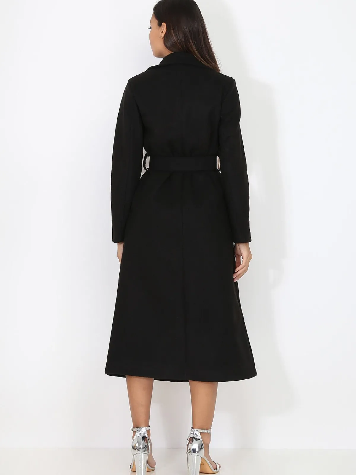 Outlet La Modeuse Manteau mi-long croisé et ceinturé Noir