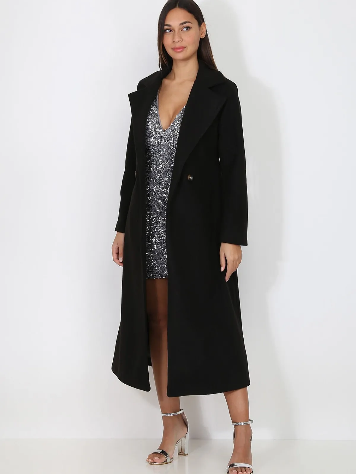 Outlet La Modeuse Manteau mi-long croisé et ceinturé Noir