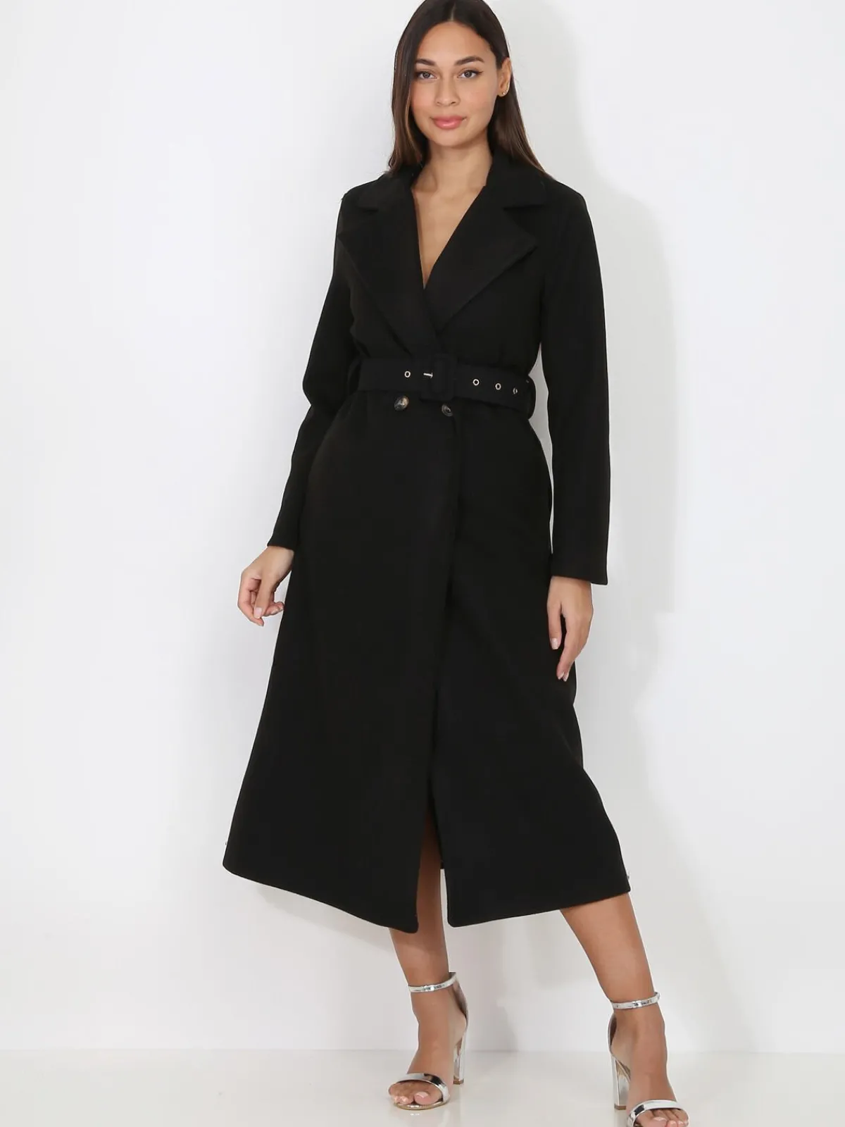 Outlet La Modeuse Manteau mi-long croisé et ceinturé Noir