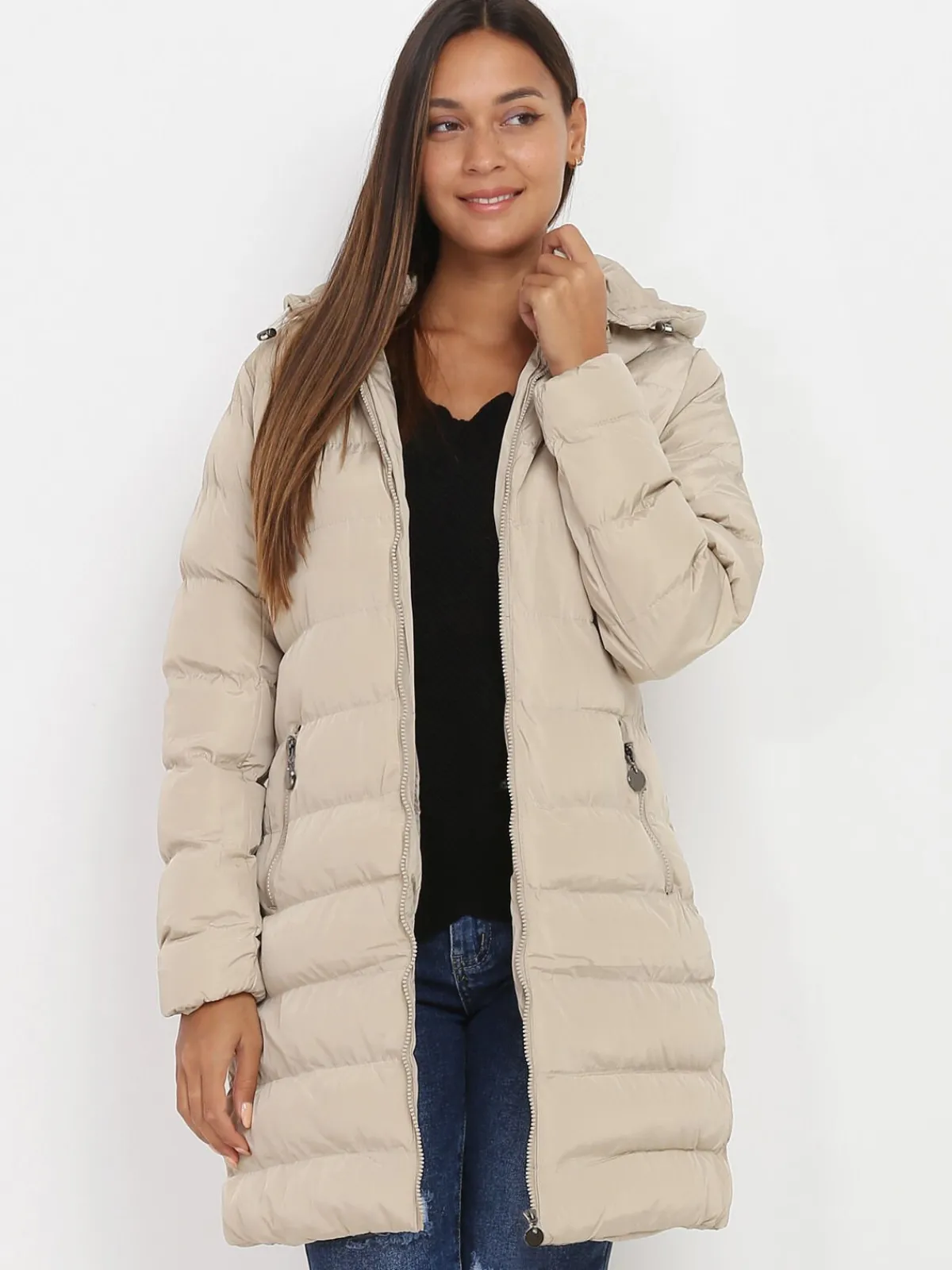 Outlet La Modeuse Manteau mi-long matelassé à capuche Beige