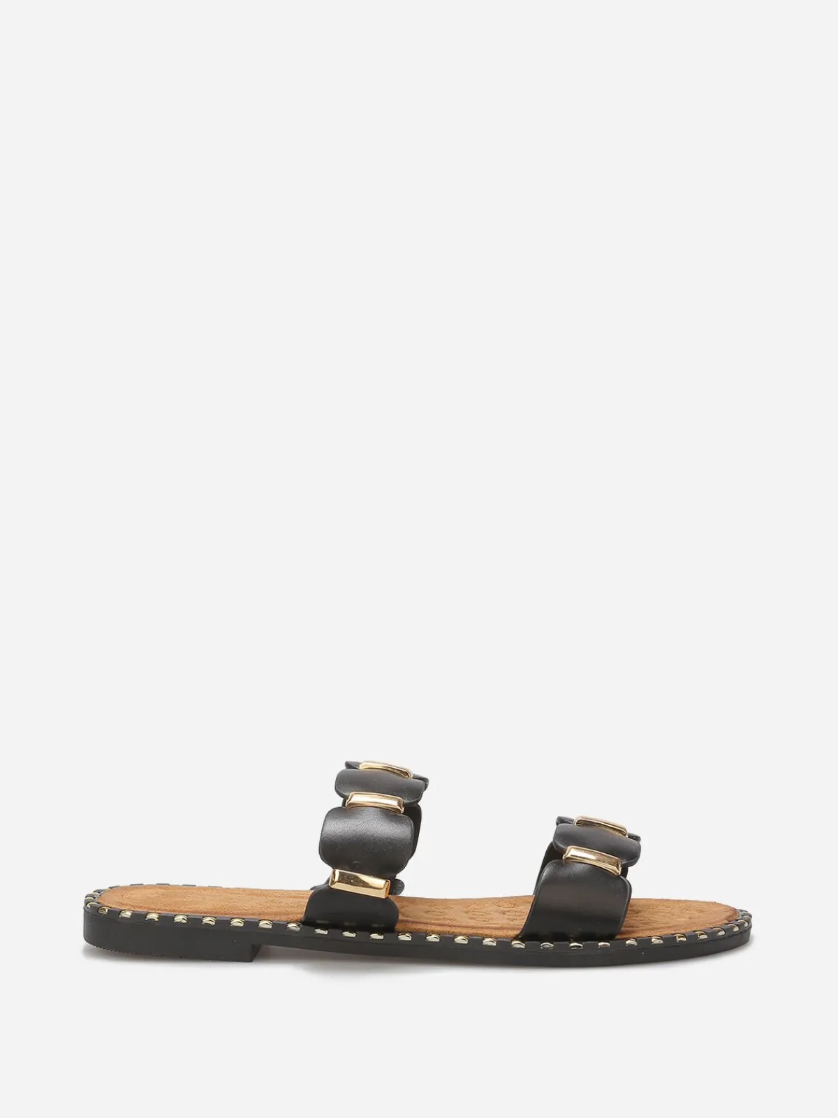 New La Modeuse Mules à brides festonnées et détails dorés Noir