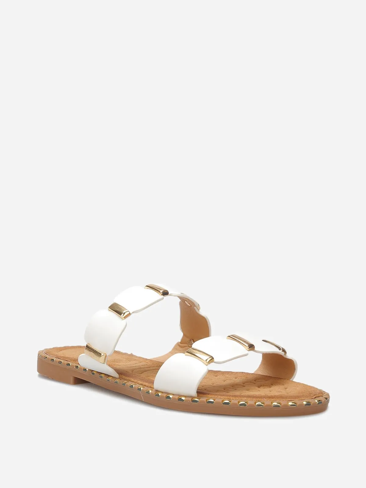 Sale La Modeuse Mules à brides festonnées et détails dorés Blanc