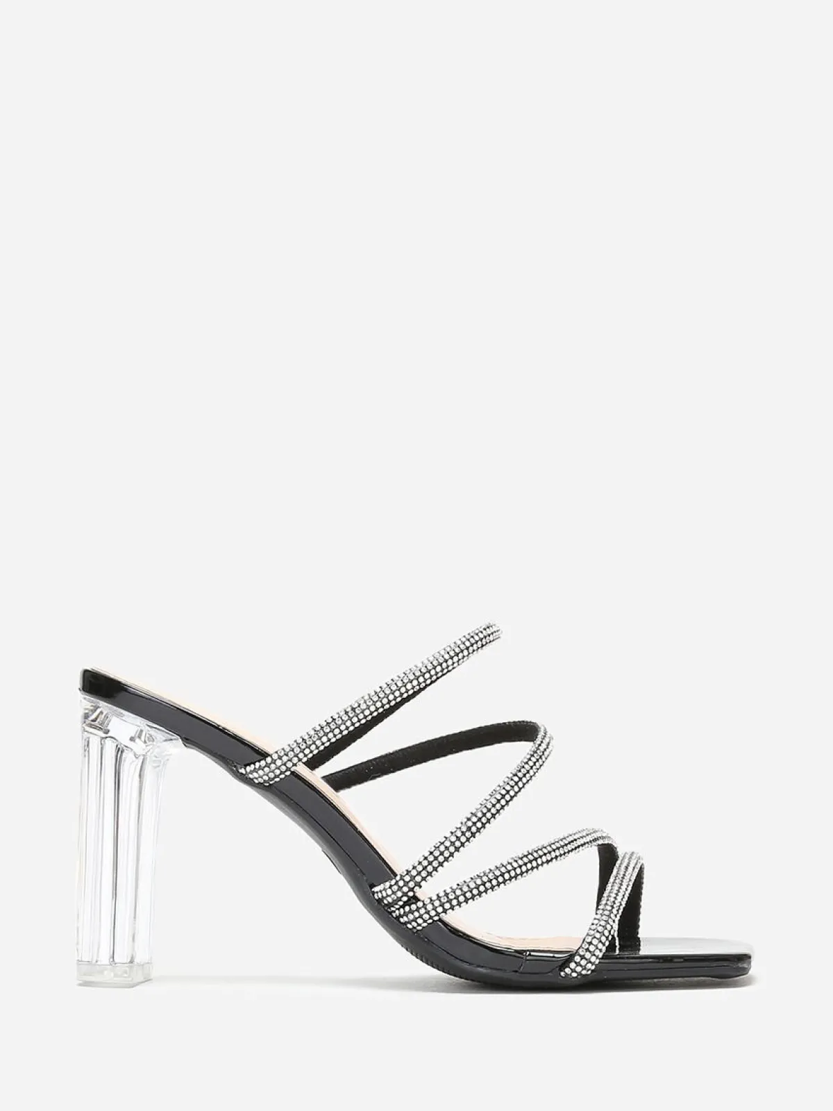 Clearance La Modeuse Mules à talon transparent et brides en strass Noir