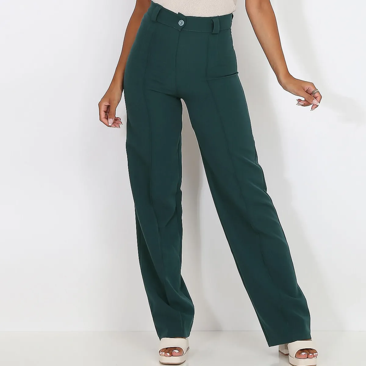 Hot La Modeuse Pantalon à taille haute évasé Vertfoncé