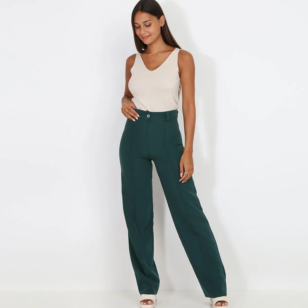 Hot La Modeuse Pantalon à taille haute évasé Vertfoncé