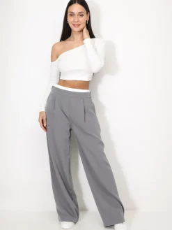 Sale La Modeuse Pantalon de costume à taille contrastante Gris