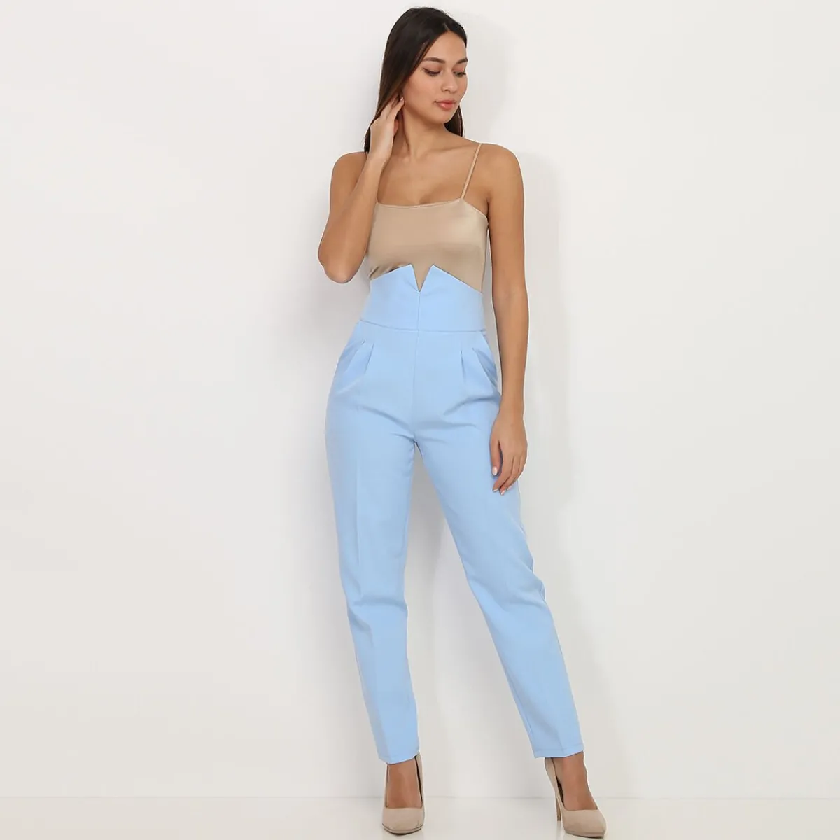 Online La Modeuse Pantalon droit maxi taille haute BleuClair