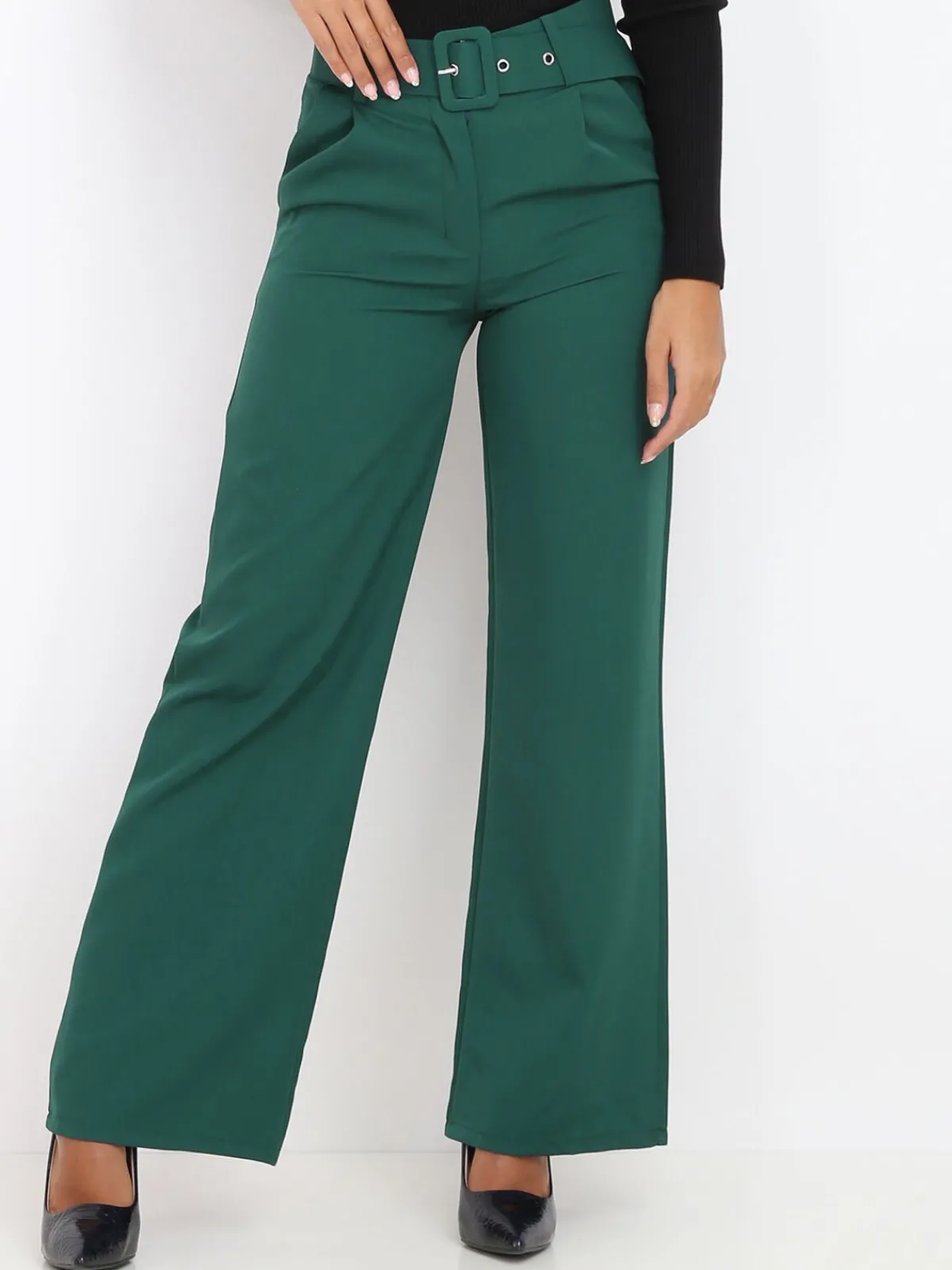Best La Modeuse Pantalon large ceinturé Vertfoncé